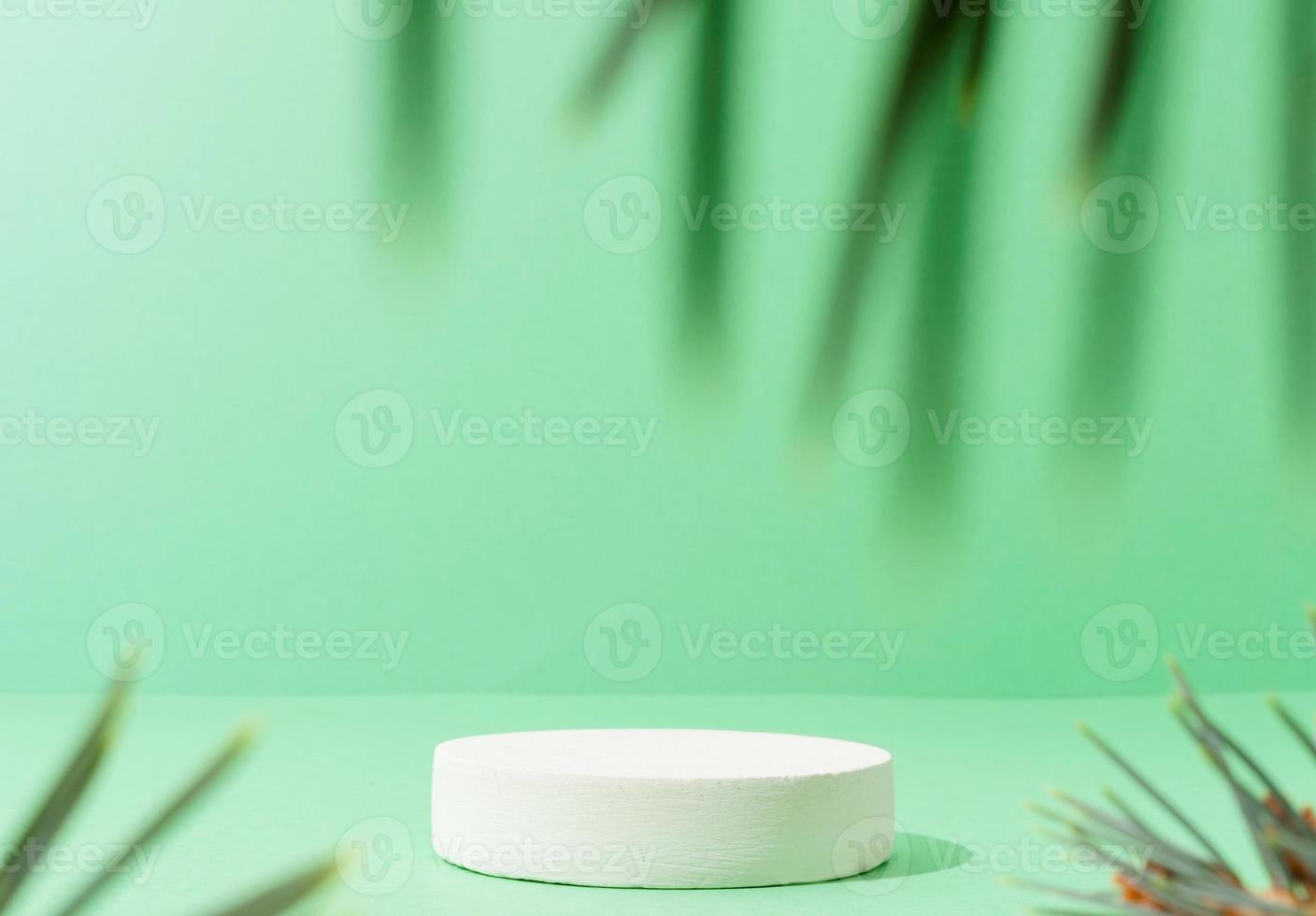 A minimalistic scene of a podium with christmas pine tree on green background photo