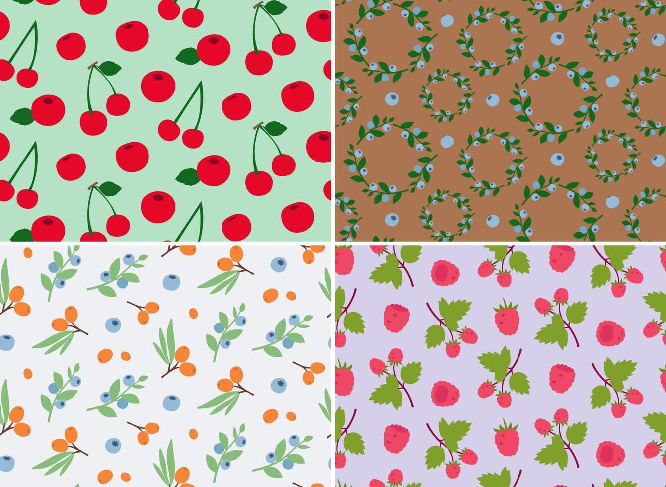 Set of seamless patterns with different berries. Nature textures in flat style. vector