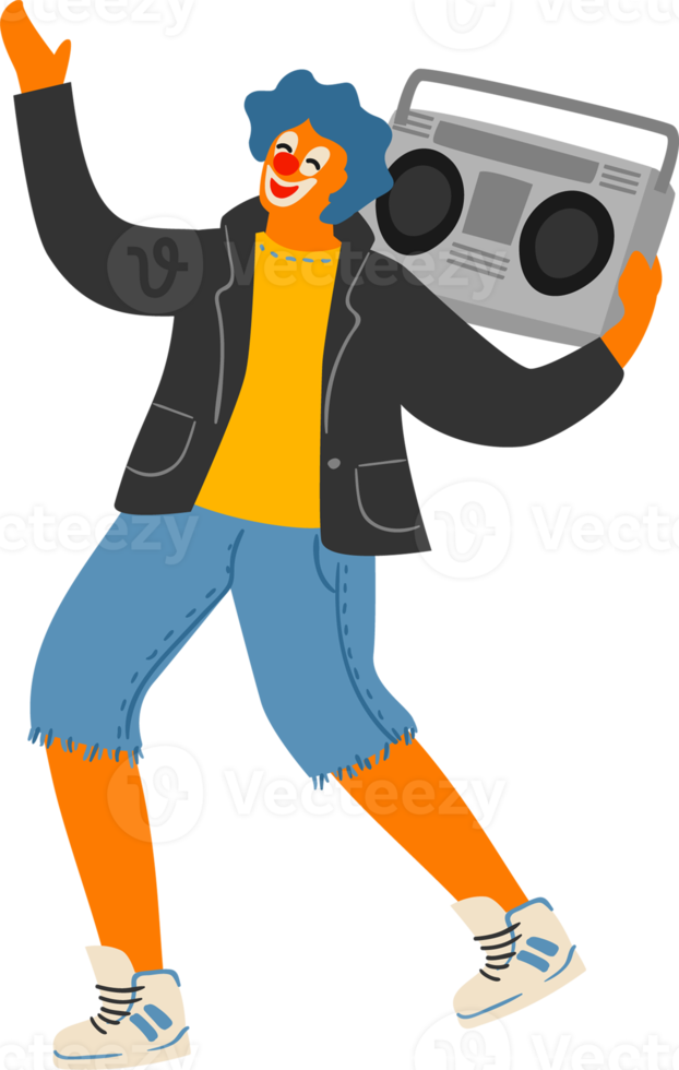Clown with a tape recorder. Illustration png