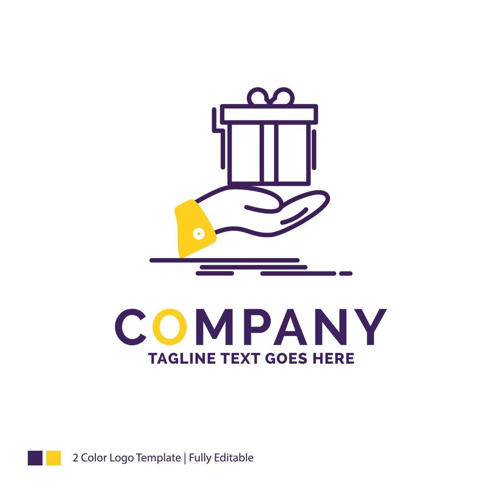 diseño del logotipo del nombre de la empresa para regalo. sorpresa. solución. ocurrencia. cumpleaños. diseño de marca púrpura y amarillo con lugar para eslogan. plantilla de logotipo creativo para pequeñas y grandes empresas. vector