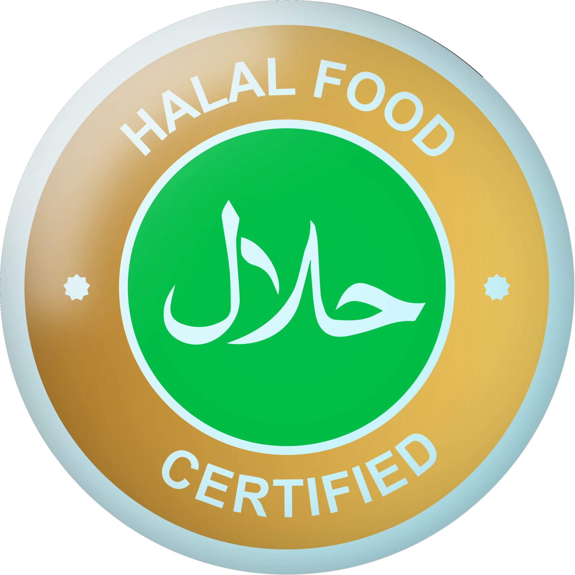 etiqueta de comida halal con colores dorados y verdes. insignias o etiquetas para halal en