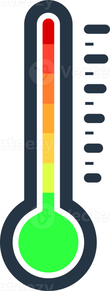 Thermometer measuring hot and cold temperature. Scale of temperature from green to red. png