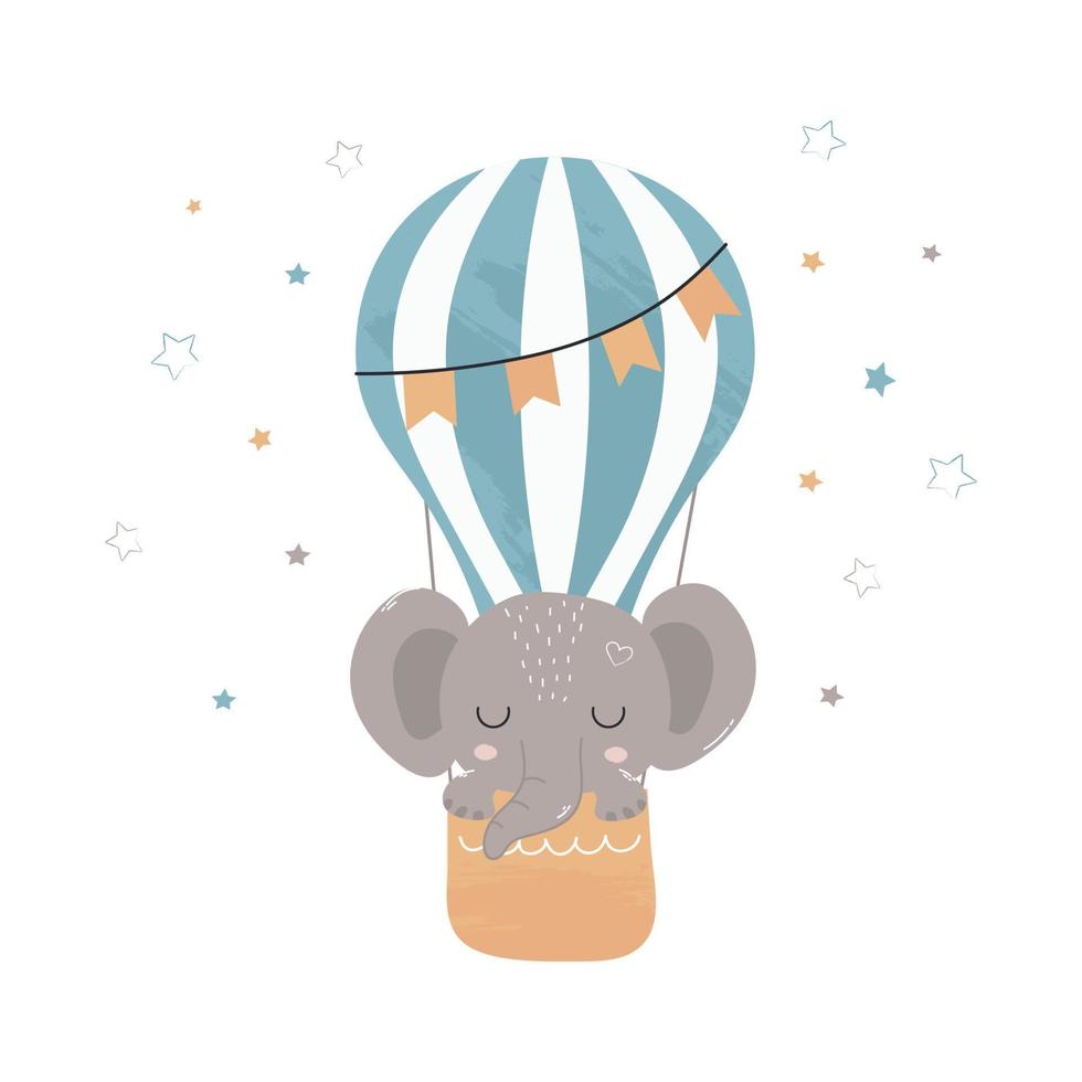 Cute little elephant on a balloon. Children's illustration for posters, fabric prints and children's cards on a white background. Vector