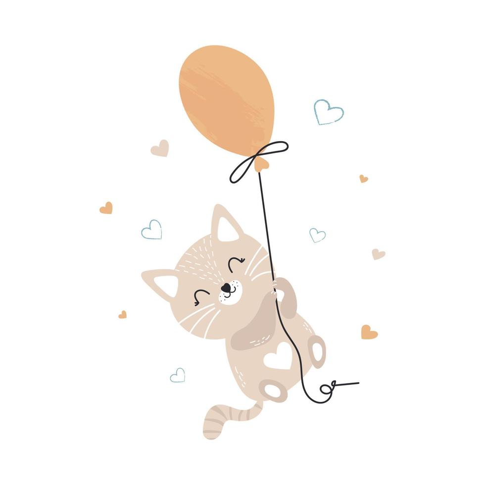 Cute little kitten on a balloon. Children's illustration for posters, fabric prints and children's cards on a white background. Vector