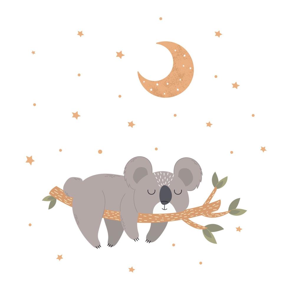 Cute little koala sleeping on a branch in the middle of the night sky. Children's illustration for posters, fabric prints and children's cards on white background. Vector