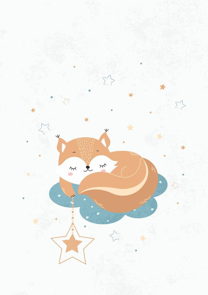 A cute squirrel sleeping on the clouds among the stars. Baby for posters, fabric prints and postcards. Vector