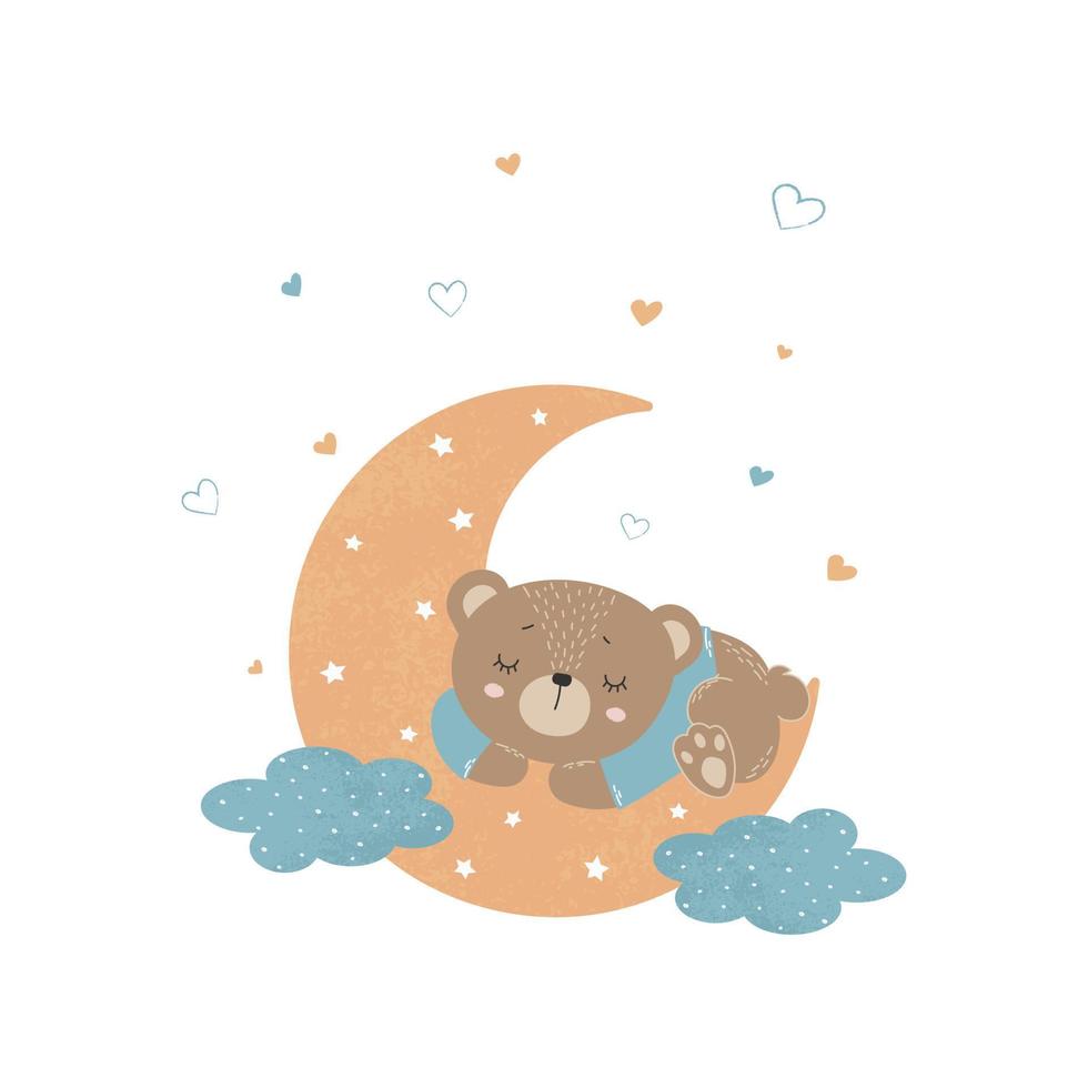 Cute little bear sleeping on the moon. Children's illustration for posters, fabric prints and children's cards on white background. Vector