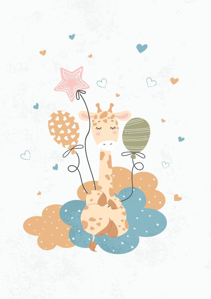 una linda jirafa se sienta y duerme en las nubes. bebé para carteles, estampados de tela, tarjetas para recién nacidos. vector