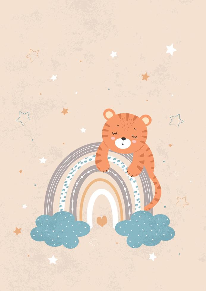 lindo cachorro de tigre durmiendo en un arco iris en una nube y estrellas. bebé para carteles, estampados de tela y tarjetas de bebé. vector