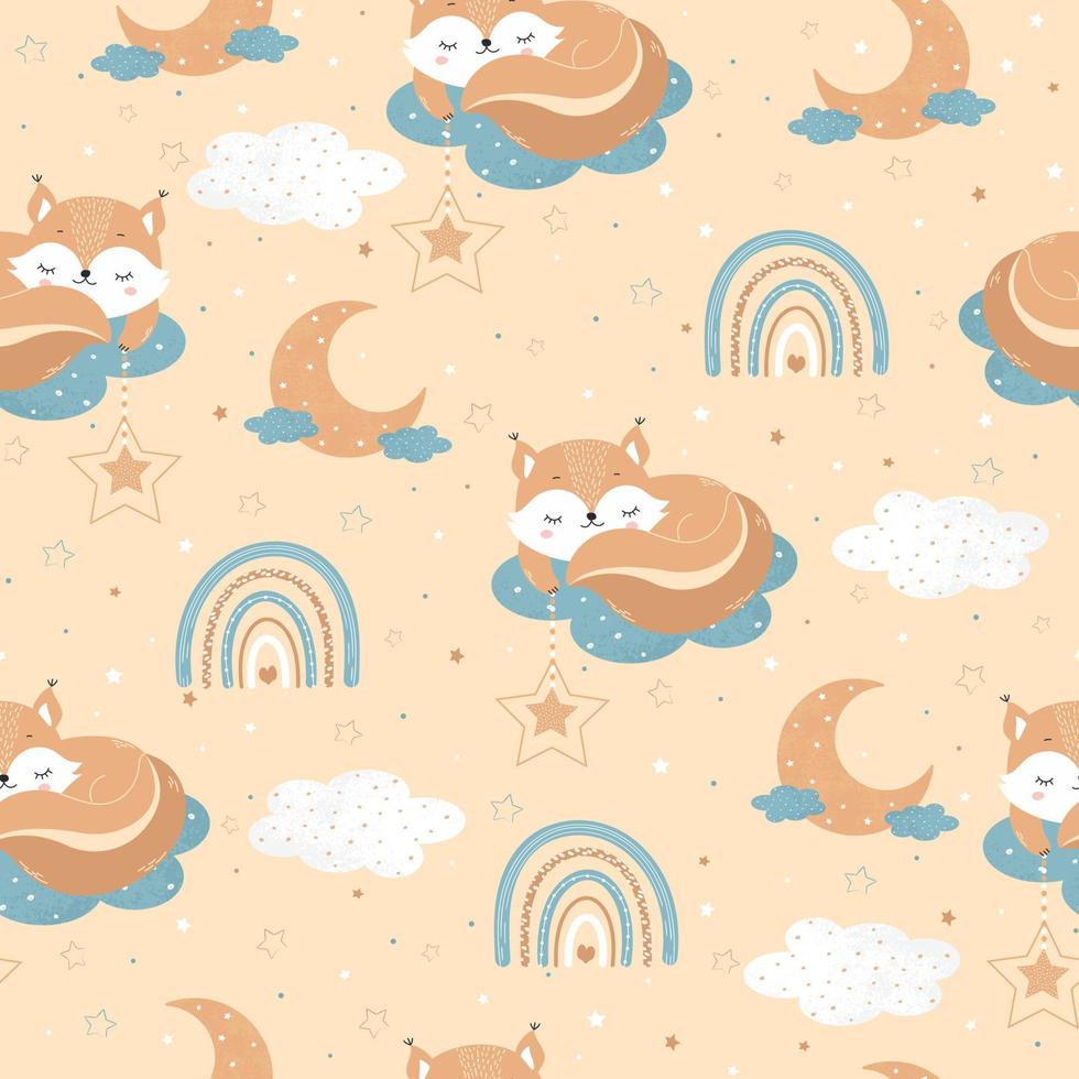 A cute squirrel sleeping on the clouds among the stars. Baby seamless pattern for posters, fabric prints and postcards. Vector