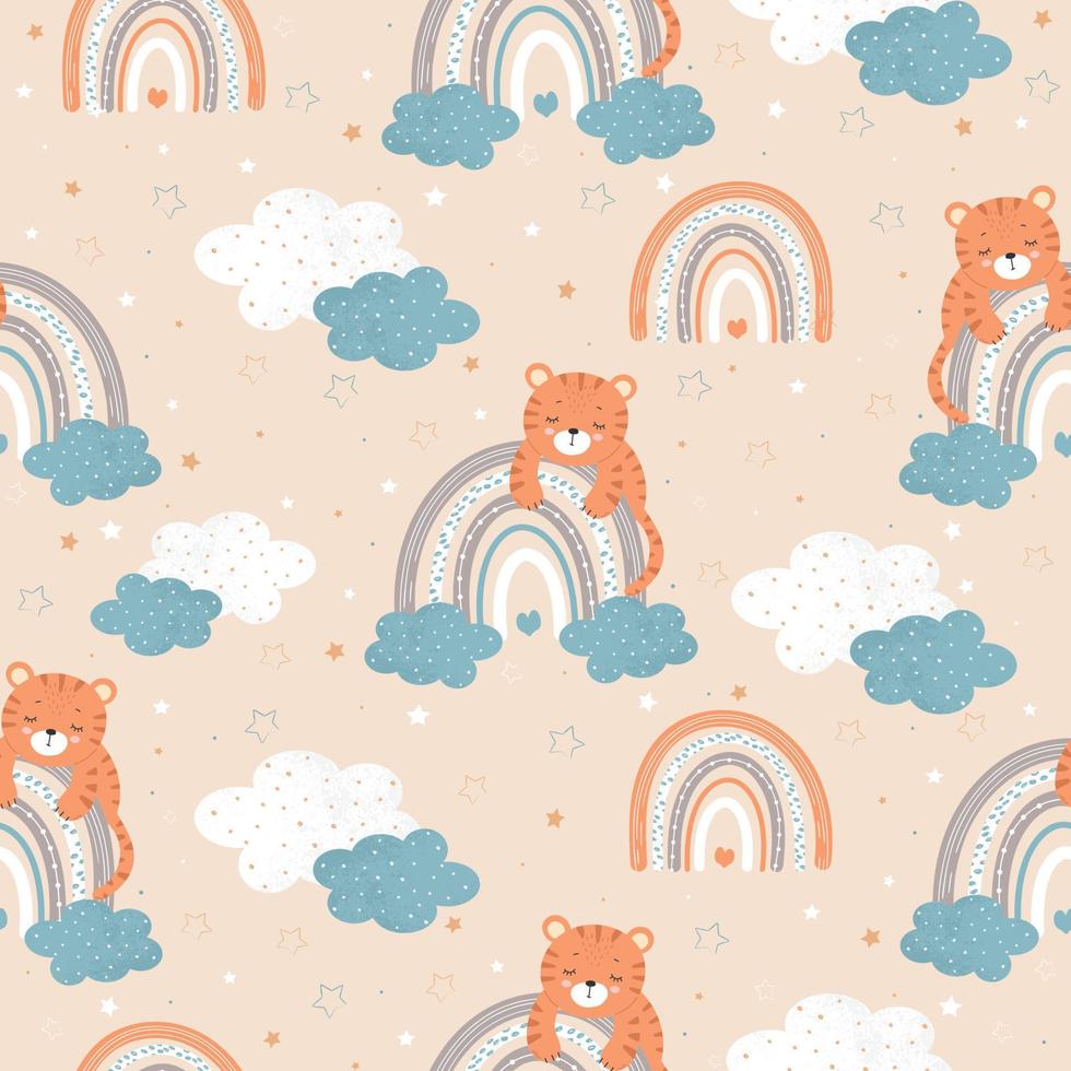 Cute little tiger cub sleeping on a rainbow in a cloud and stars. Seamless pattern for posters, fabric prints and children's cards. Vector