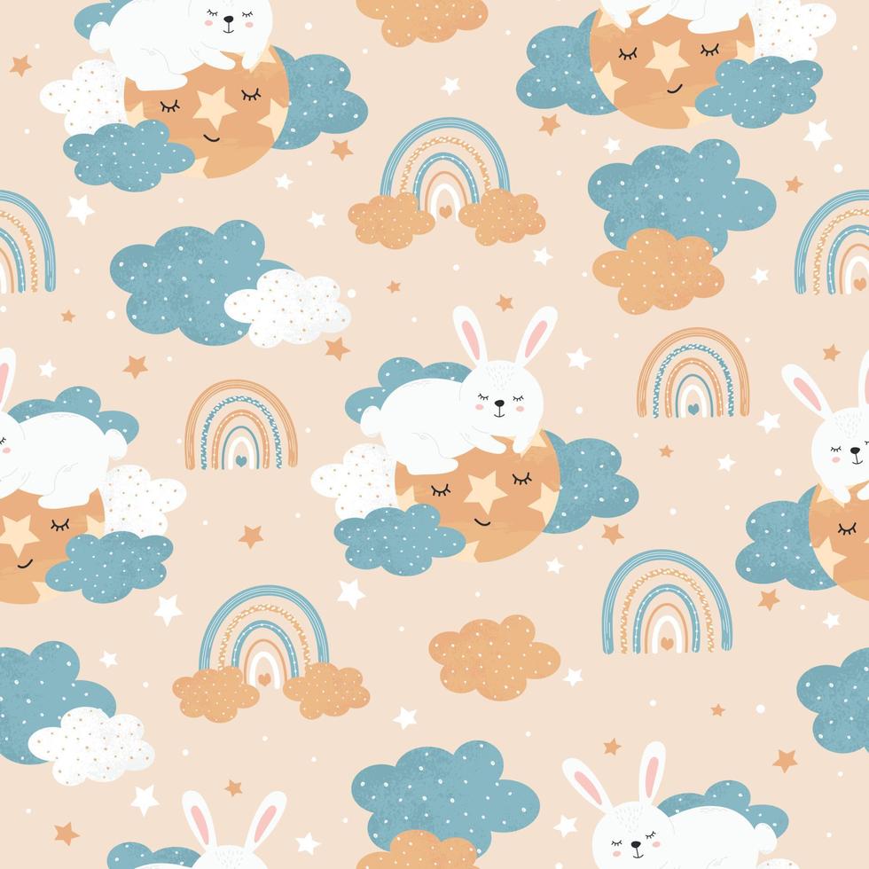 Cute rabbit, bunny, hare sleeping on a planet in the clouds. Baby seamless pattern for posters, fabric prints and postcards. Vector