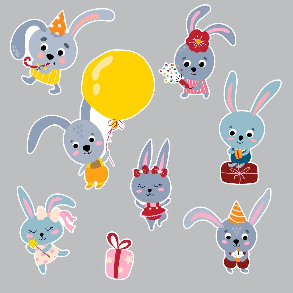 Set of stickers of hares. Bunny party. vector