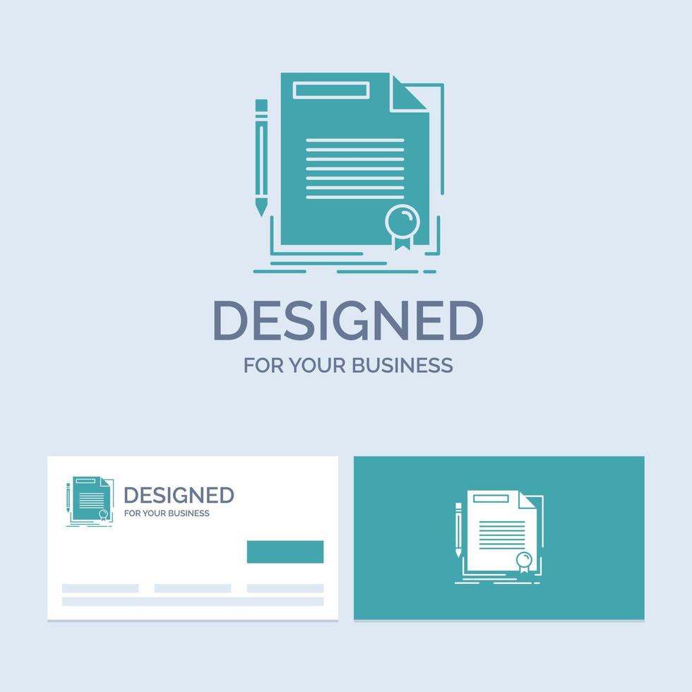 agreement. contract. deal. document. paper Business Logo Glyph Icon Symbol for your business. Turquoise Business Cards with Brand logo template. vector