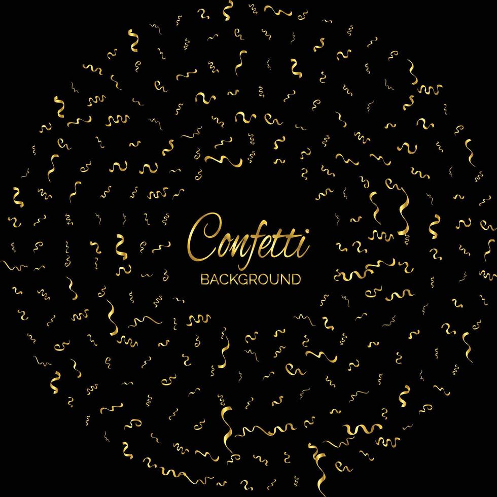 Golden Confetti And Streamer Ribbon Falling On Black Background. Vector