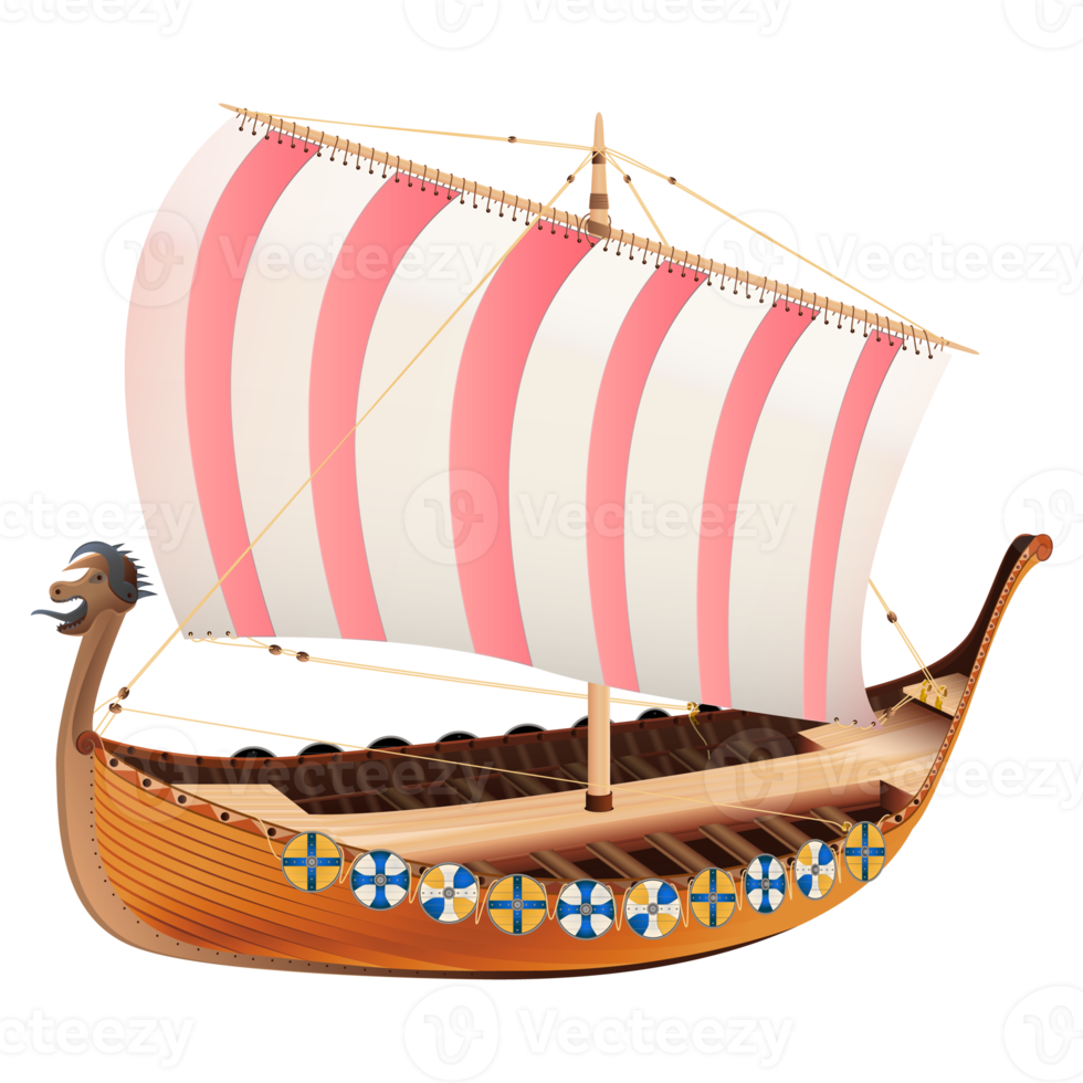 Viking scandinavian draccar in realistic style. Norman ship sailing. Colorful PNG illustration.