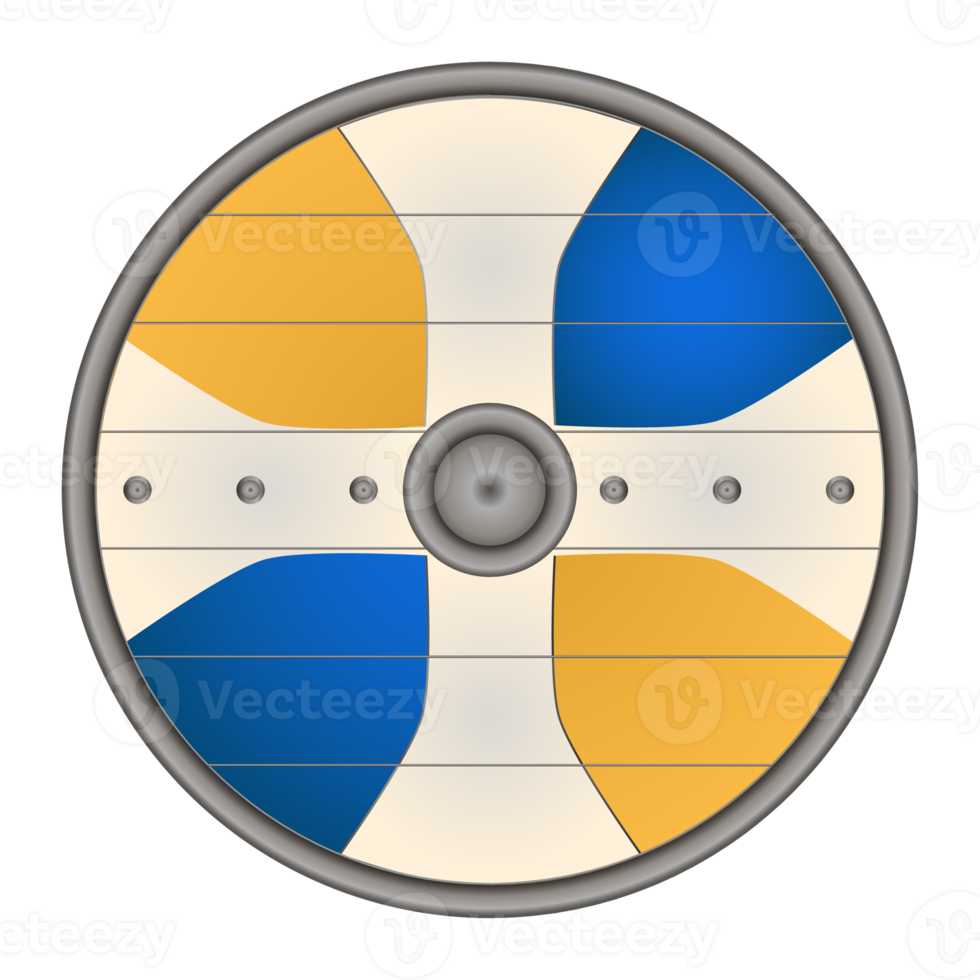 Viking shield white cross in realistic style. Viking weapons. Colorful PNG illustration.