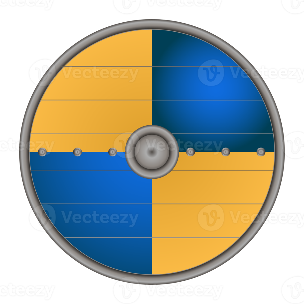 Viking shield blue-yellow color in realistic style. Viking weapons. Colorful PNG illustration.