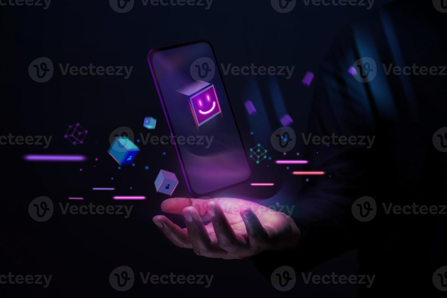 Metaverse and Blockchain Technology Concepts. Person with an Experiences of Metaverse Virtual World via Smart Phone. Futuristic Tone. Hand Levitating Mobile Phone photo
