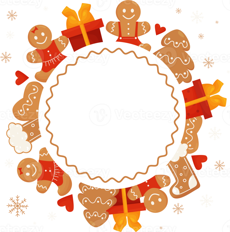 round frame withChristmas  Gingerbread, gingerbread man and box gift png