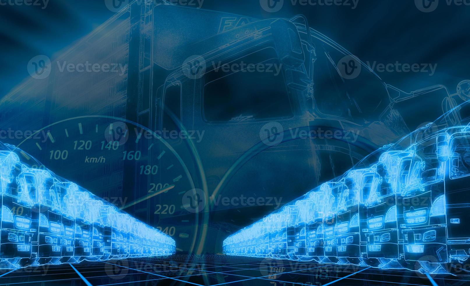 Fleet of electric trucks. Furutistic truck transport. Driverless