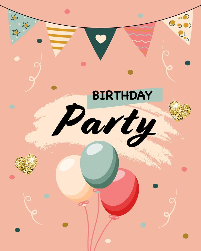 Birthday party invitation card with glitter, balloons, confetti and garland. Vector illustration.