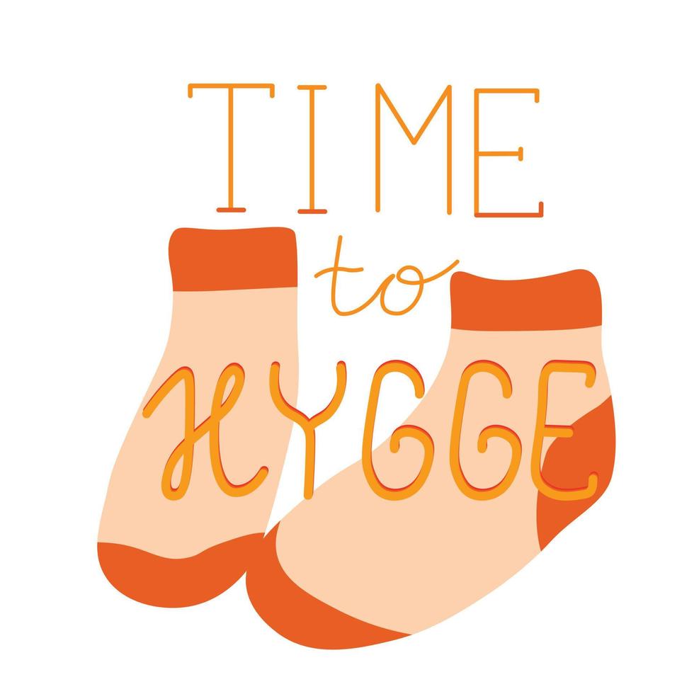 Letras de tiempo para hygge. calcetines calientes. fondo vectorial con ilustraciones dibujadas a mano cosas caseras acogedoras. vector