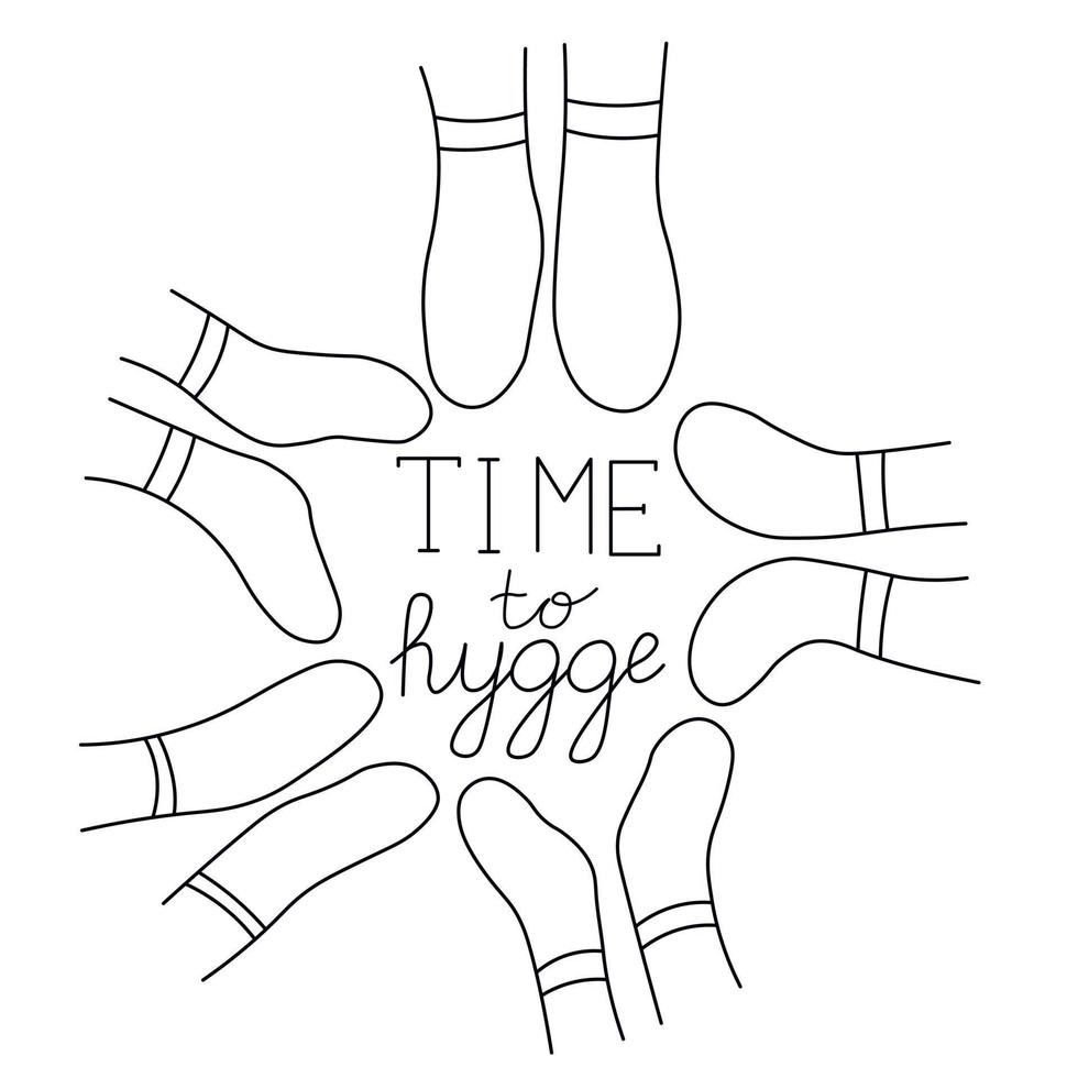 Letras de tiempo para hygge. calcetines calientes. fondo vectorial con ilustraciones dibujadas a mano cosas caseras acogedoras. vector