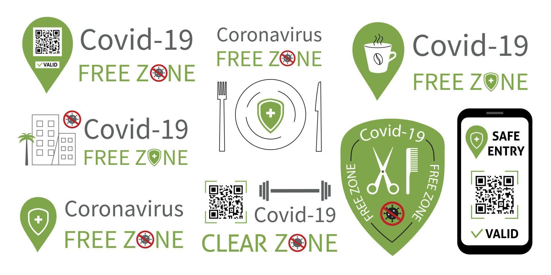 A set of signs for different business areas with covid-19 free zone message. Illustration with the public location safe for health. Public covid-free places for vaccinated customers vector