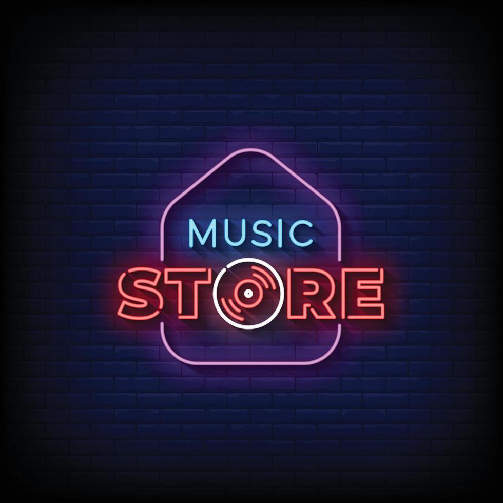 Neon Sign music store with Brick Wall Background vector