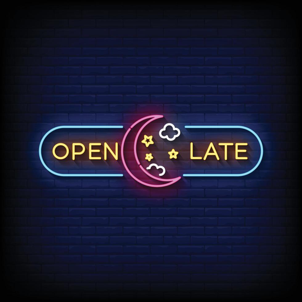 Neon Sign open late with brick wall background vector