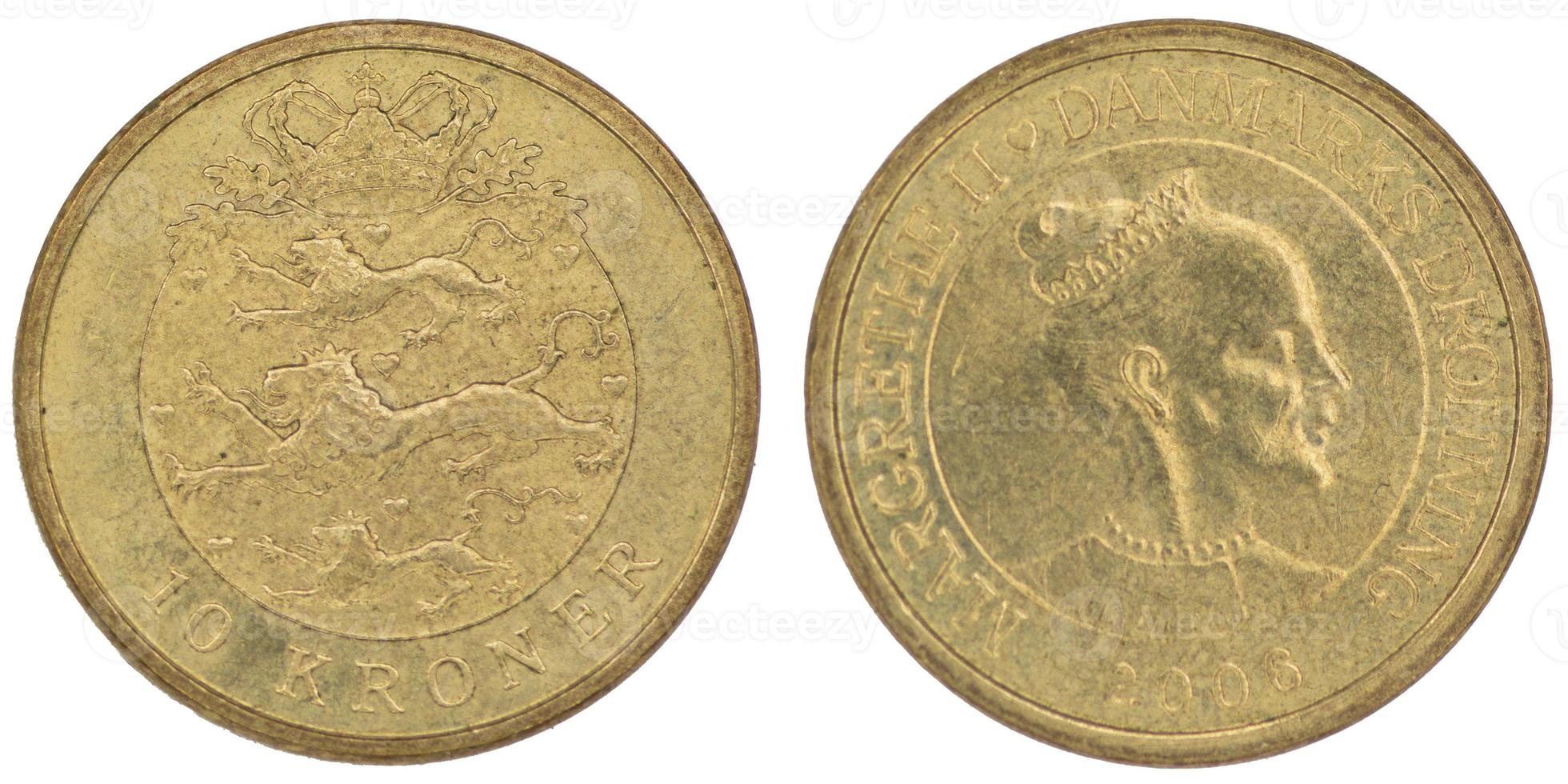 10 Danish Crown DKK coin with both sides on isolated white background photo