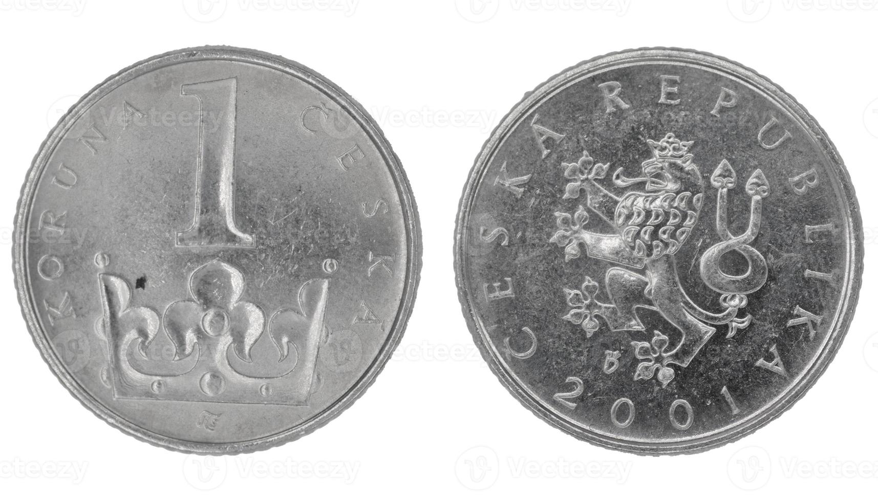 1 Czech Crown CZK coin with both sides on isolated white background photo