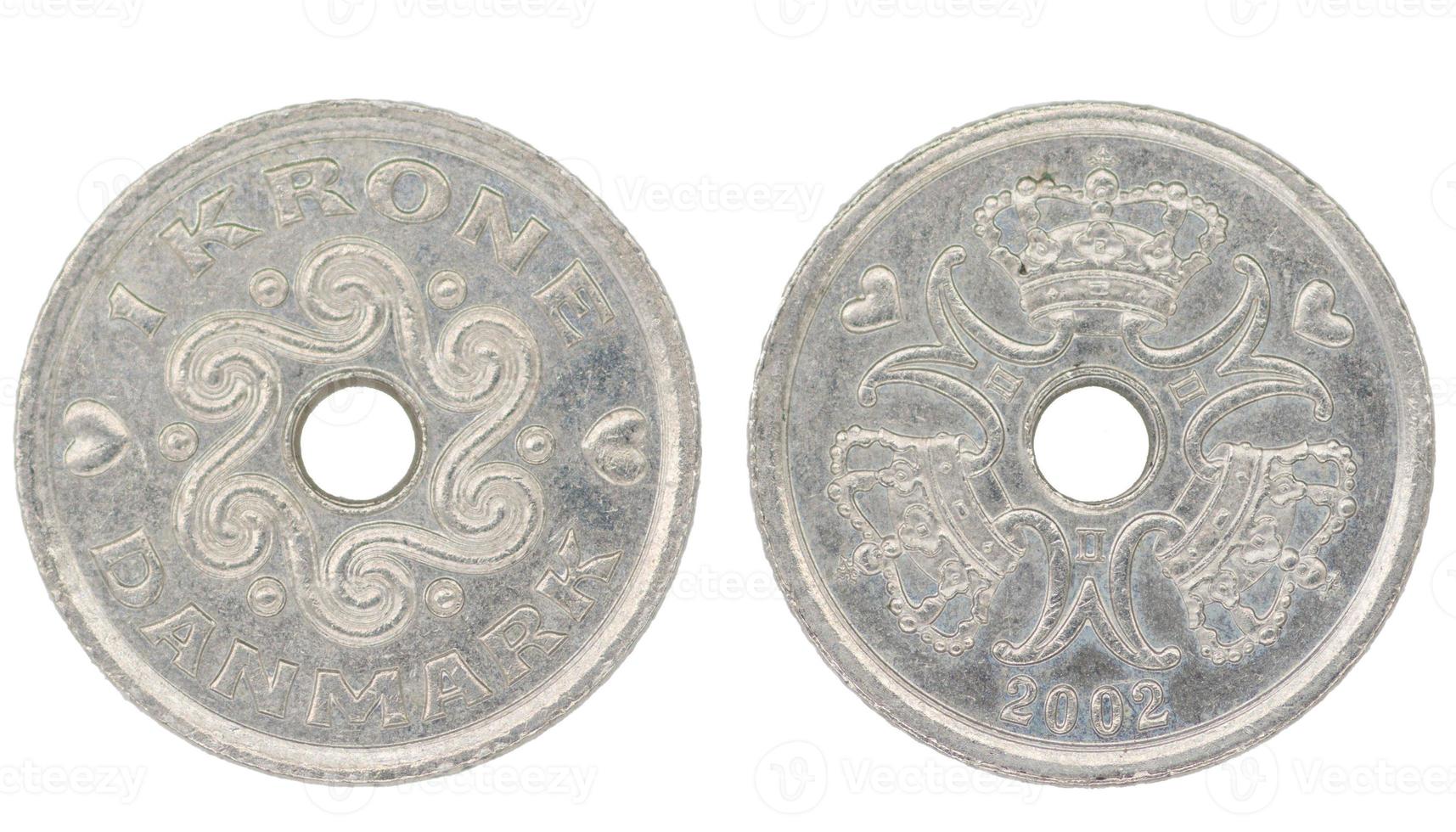 1 Danish Crown DKK coin with both sides on isolated white background photo