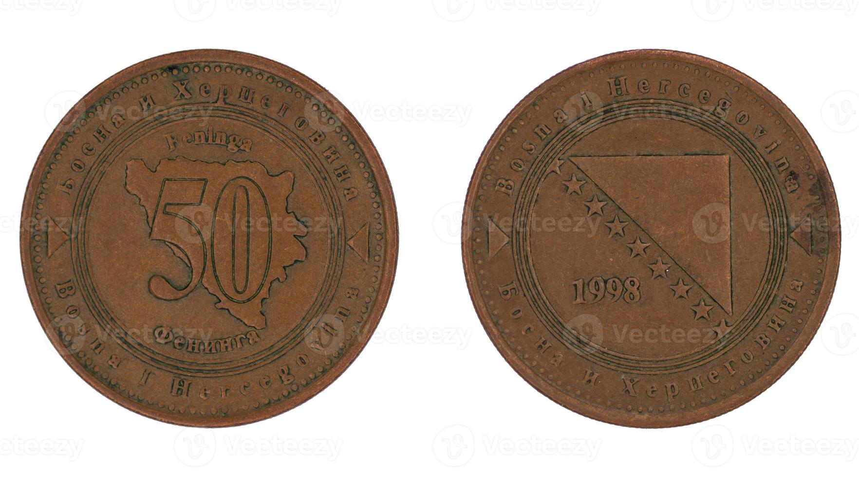 50 Bosnian fening, convertible mark KM coin with both sides on isolated white background photo