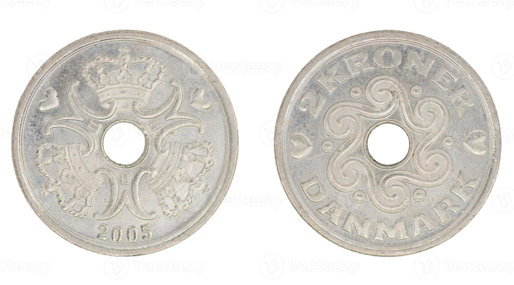2 Danish Crown DKK coin with both sides on isolated white background photo