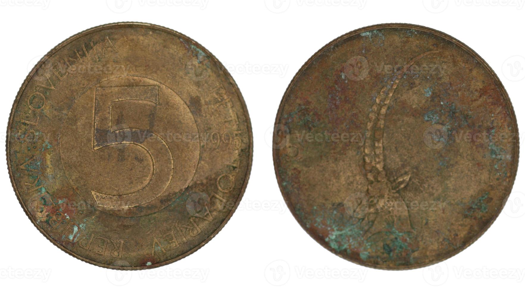 5 Slovenian tolar coin both sides on white background photo