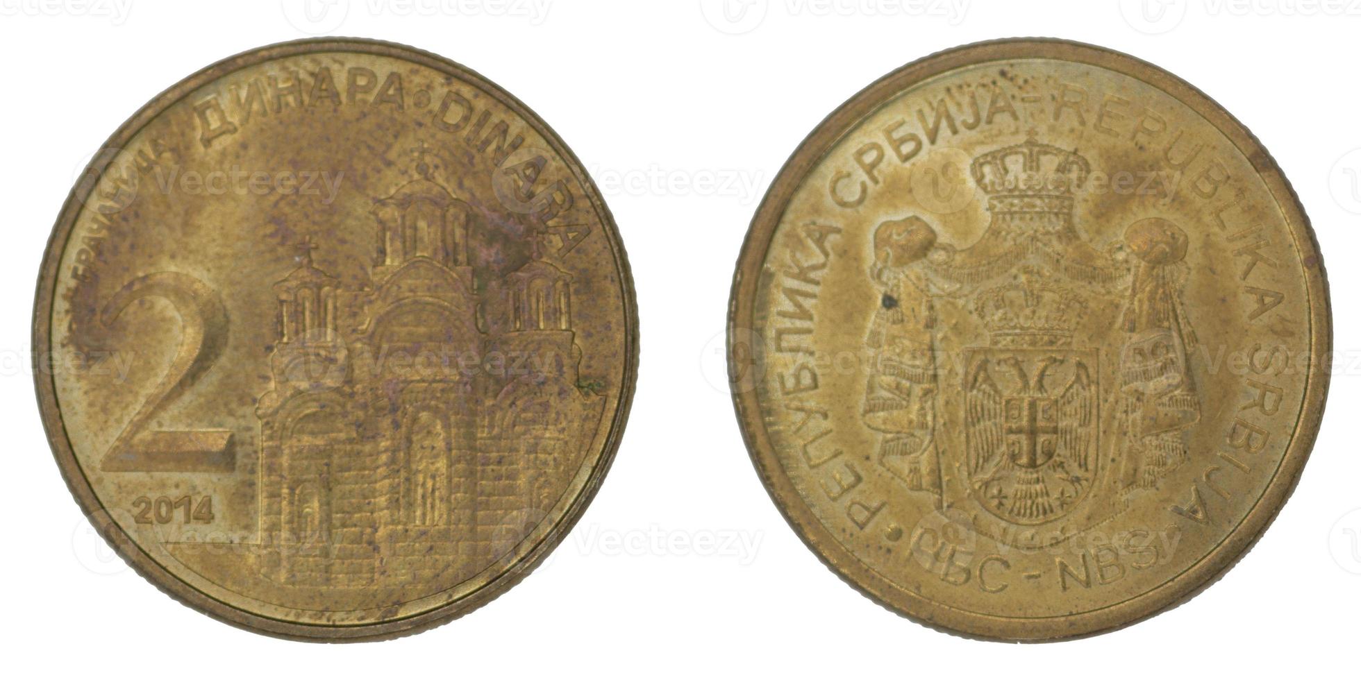 2 Serbian dinar RSD coin with both sides on isolated white background photo