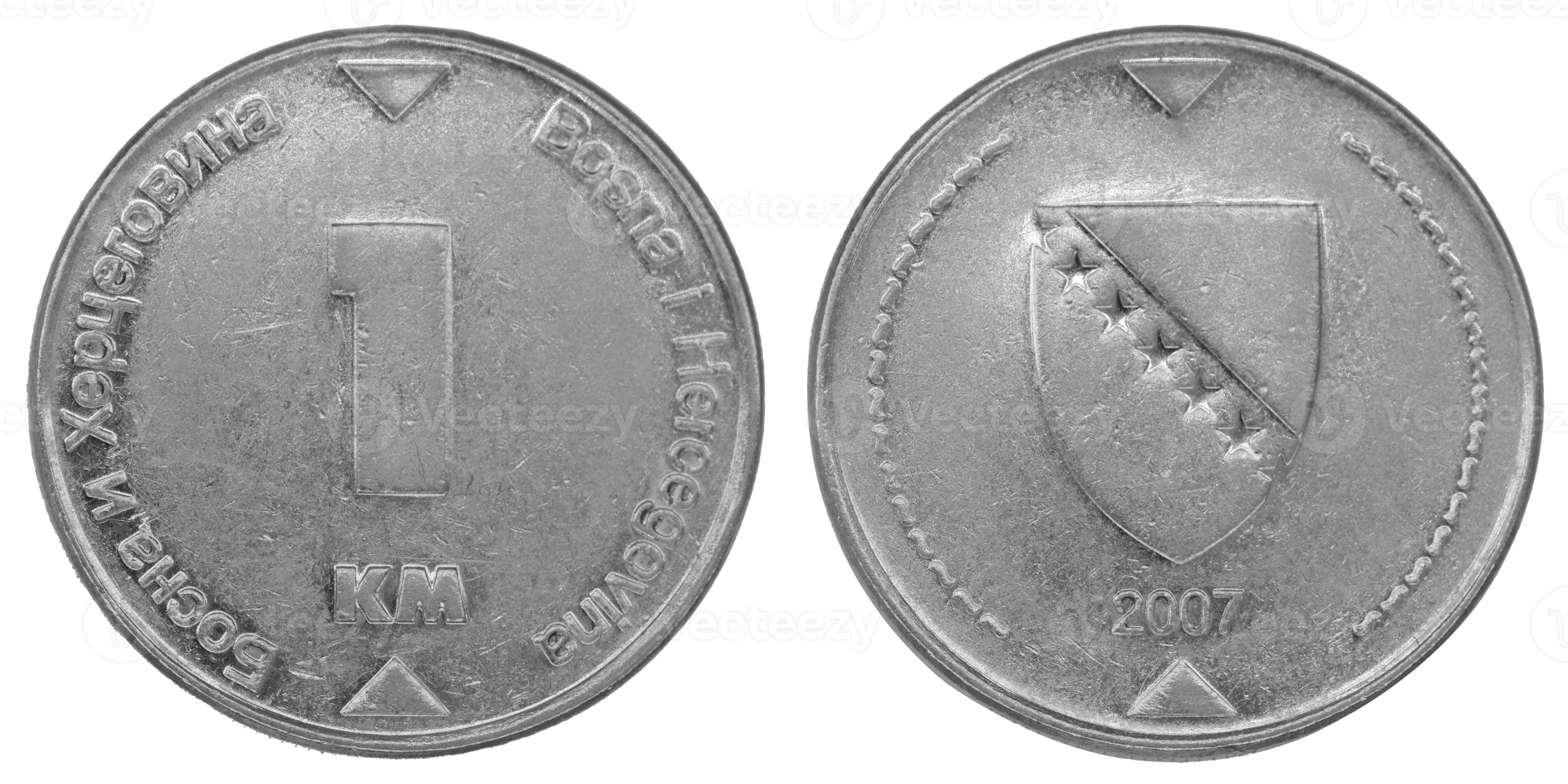 1 Bosnian Convertible Mark KM Coin With Both Sides On Isolated White 1-bosnian-convertible-mark-km-coin-with-both-sides-on-isolated-white