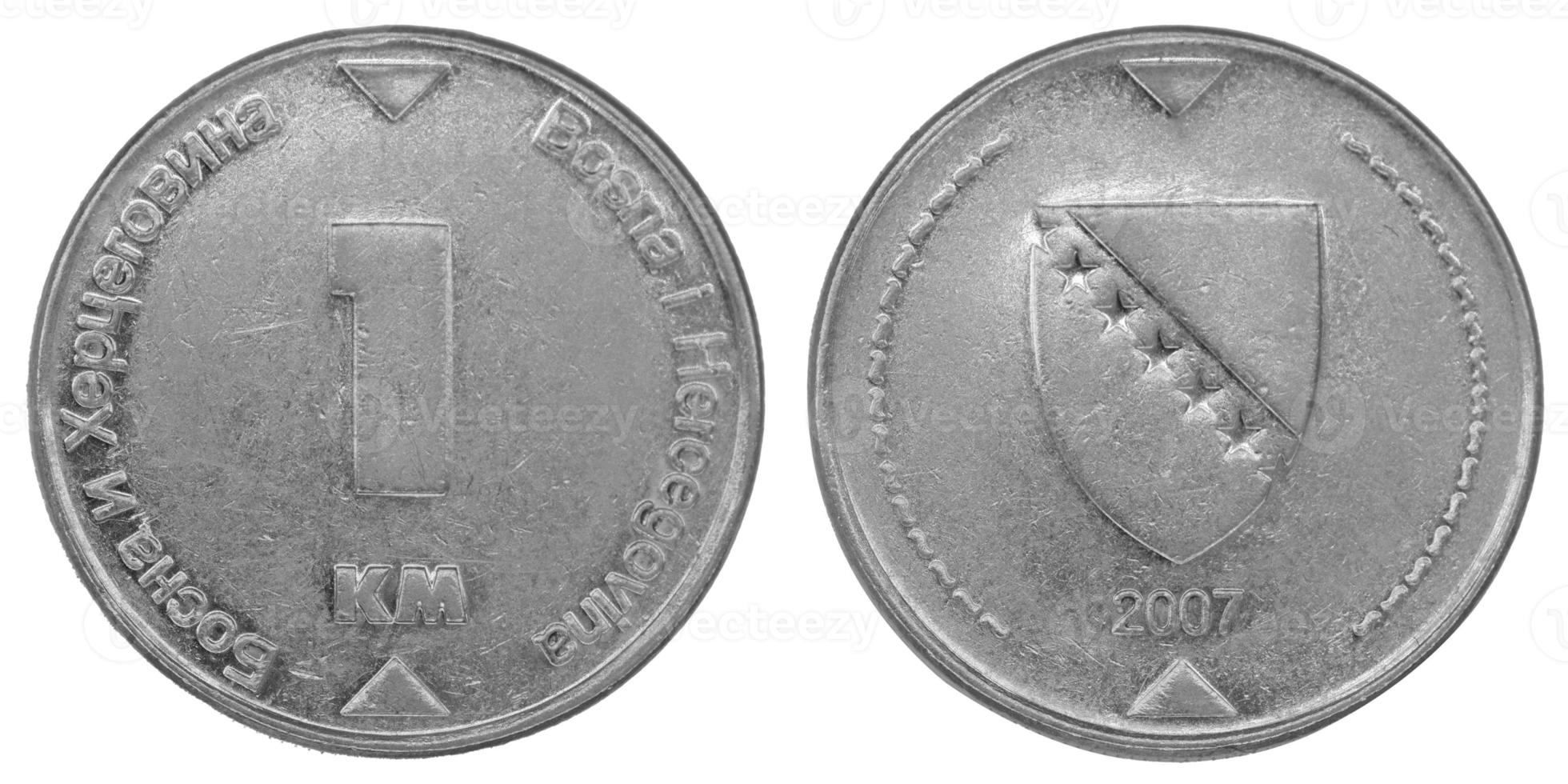 1 Bosnian convertible mark KM coin with both sides on isolated white background photo