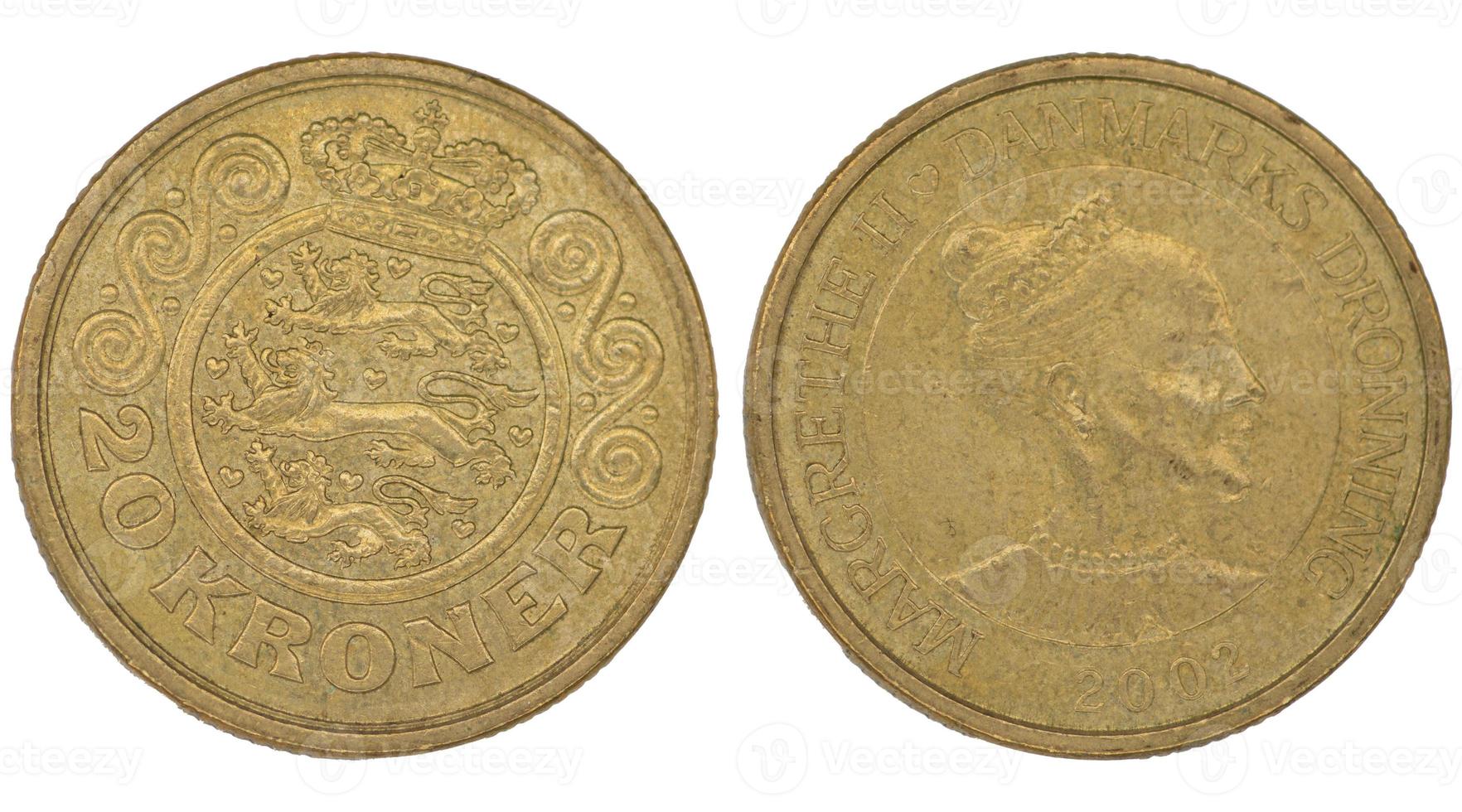 20 Danish Crown DKK coin with both sides on isolated white background photo