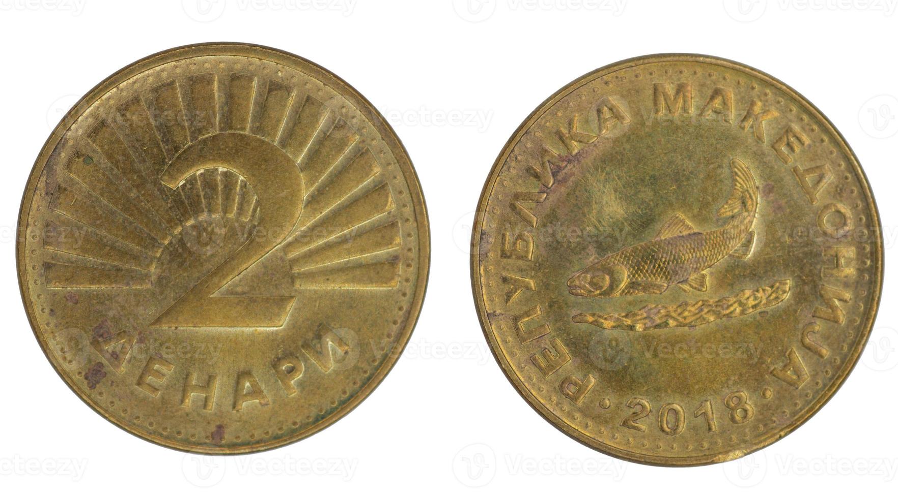 2 Macedonian Denar MKD coin with both sides on isolated white background photo