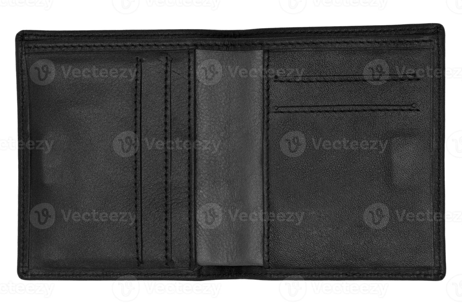 open, empty man's leather wallet from top on white background, isolated photo