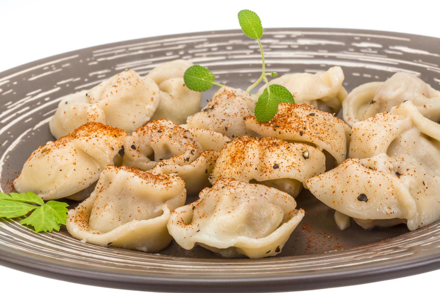 pelmeni ruso en el plato y fondo blanco foto