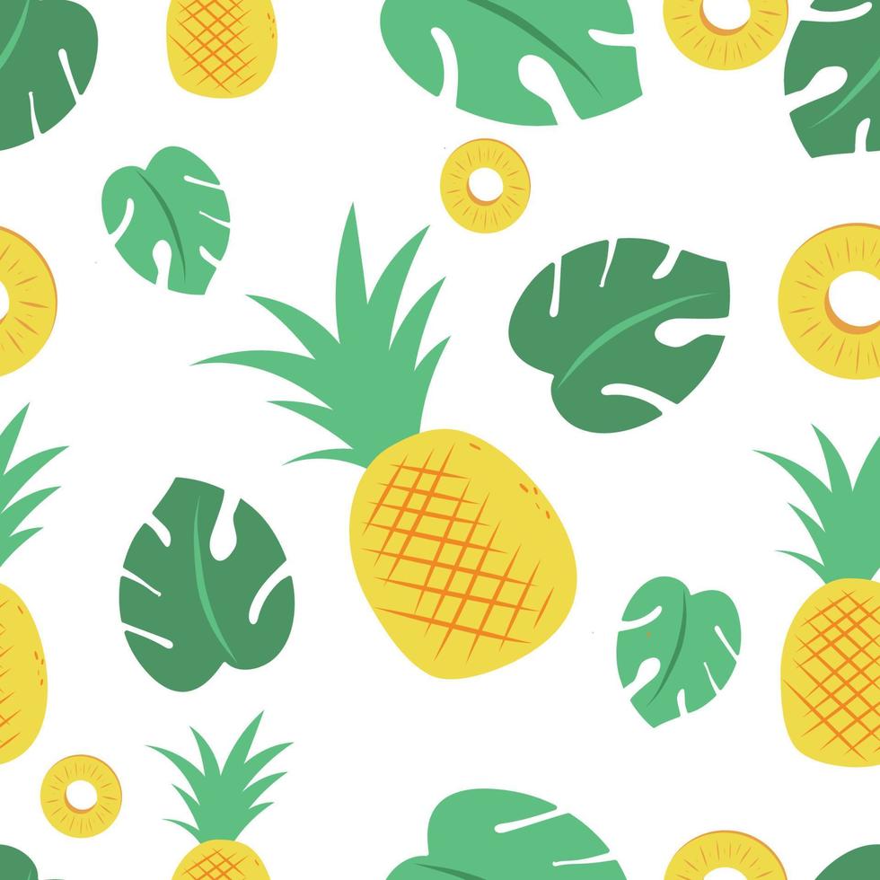 Vector tropical seamless pattern with citrus fruit pineapple and jungle leaves. Fresh and natural pineapple juice for breakfast. Exotic wallpaper illustration