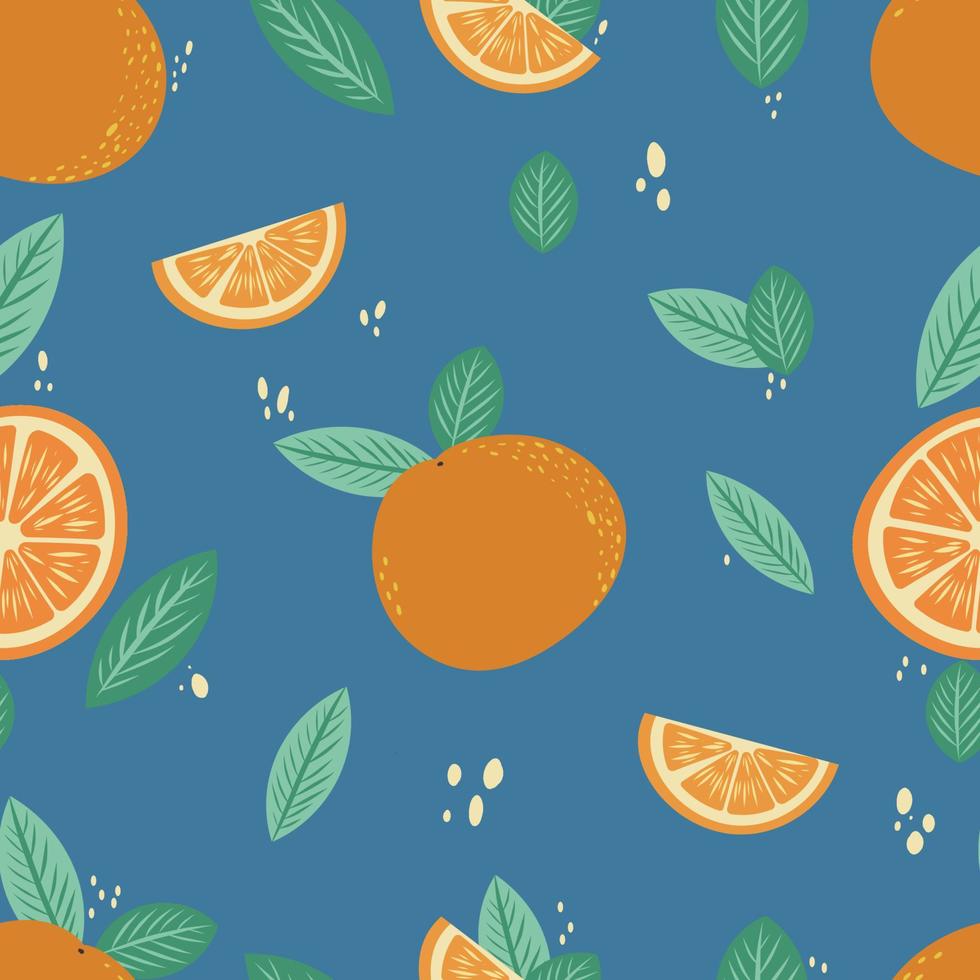 vector seamless pattern with oranges and leaves. Summer colorful wallpaper. Energetic, fresh and fruity background. Orange juice for breakfast. Healthy and natural citrus fruit