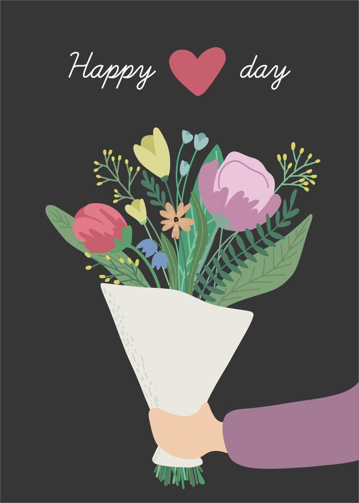 Happy Valentines Day. Happy Love day postcard. Romantic illustration. 14th of february. Love, love story and relationships. Happy couple. Flower bouqet gift. vector