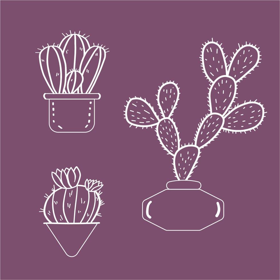 Cactus set. Doodle style. Purple vector illustration. Mexican botanical cactuses in pots. Hand drawn sketch.