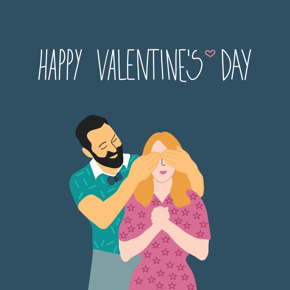 Happy Valentine's Day vector postcard. 14th of February. Relationships, love and happiness. Man and woman together. Romantic and cute illustration. Happy and lovely couple.