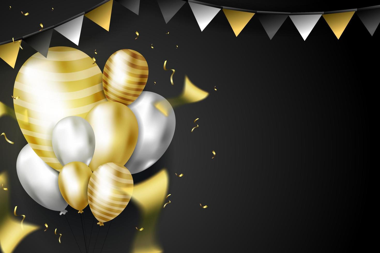 Festive poster with platinum and golden shiny balloons, confetti and party flag element. Holiday decoration. copy space background vector. vector
